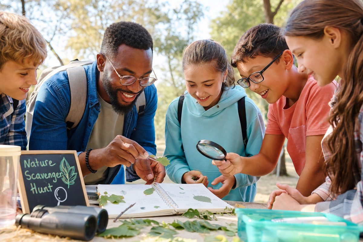 Kids and mentor exploring nature together